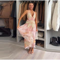 Sexy V-neck Halter Backless Printed Long Dress Women Sleeveless Lace Up High Waist Slim A-line Maxi Dress Lady Chic Casual Dress