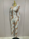 Women Celebrate Nightclub Party Dancer Performance Wear Sexy Stage Costume Crystal High Stretch Bodycon Long Sleeve Jumpsuit