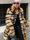Women Tiger Striped Faux Fur Long Coat Lapel Fluffy Plush Luxury Oversized Overcoat With Side Pockets Winter Warm Outerwear 2026