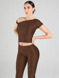 Sexy Irregular Knot 2-Piece Set Women Diognal Collar Crop Top+Capri Pants Stylish Solid Hottie Street Slim Outfits