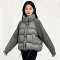 Women Cropped Puffer Jacket Stand Collar Cable Knit Sleeves Patchwork Zip Up Lightweight 2026 Lady Quilted Winter Warm Outerwear