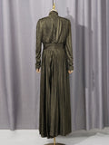 Solid Spliced Belt Slim Pleated Dresses For Women Turtleneck Long Sleeve High Waist Temperament Long Dress Female Clothes