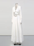 Chic White Two Piece Sets for Women Lapel Long Sleeves Crop Top Irregular Waist Maxi Skirt Set for Art Exhibition