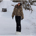 Fashion Leopard Print Ski Suit Women Stand Collar Hooded Zipper Coat Chic Slim Pants 2026 Winter Warm Casual Sport Windproof Set
