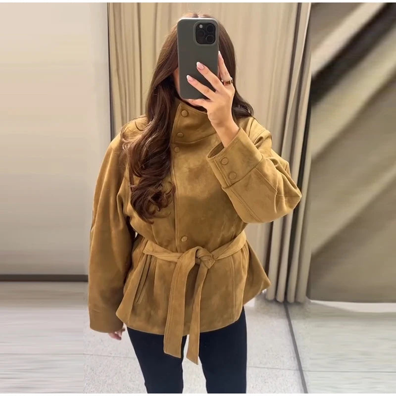 Women Suede Jacket Stand Collar Asymmetric Button Belted Waist Peplum Hem Long Sleeve Loose Retro Casual Outerwear Fashion Coat