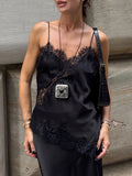 See Througth Lace Edge Tank Tops for Women V Neck Sleeveless Pathwork Hollow Out Sexy Fashionable Vest Female New