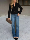 Black Loose Spliced Buttons Chic Jackets for Women Lapel Long Sleeve Commute Basics Jacket Female Summer Fashion