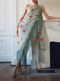 Bohemian Printed Asymmetrical Dress for Women Diagonal Collar Sleeveless High Waist Spliced Tassel Dresses Female