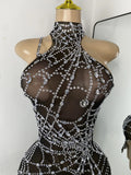 Sparkly Rhinestone Shining Women Sexy Bodycon See Through Irregular Hem Mini Dress Birthday Party Performance Costume