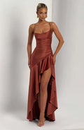 Sexy Satin Long Dress Luxury Ruffles Backless Bandage Evening Dresses Red Burgundy Blue Wedding Guest Cocktail Party Summer New