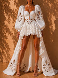 Fashion Style White Cutout Floral Accent Gown for Women Square Collar Puff Sleeve Asymmetric Train Skirt for Beach Elopement