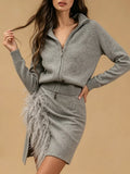 Casual Feather Knit Women Two Piece Set Lapel Collar Long Sleeve Top Short Skirt for Dating Daily Wear Fashion New