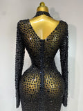 Sparkly Luxury Rhinstones Long Sleeve Elegant Party Dress Women 2025 Performance Stage Outfit Evening Birthday Prom Gown