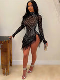 Sexy Pearls Rhinestone Party Dresses Women Elegant Nightclub Feather Birthday Dress Long Sleeve Mesh Sheer Bodycon Dress