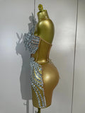 Sexy Strapless Mesh See Through Eveing Birthday Party Nightclub Stage Costume Women Sparkly Silver Rhinestone Sequins Mini Dress
