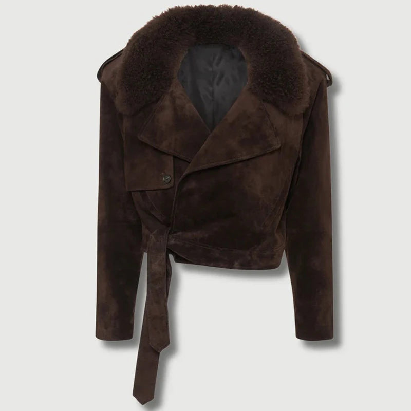 Vintage Lapel Suede Lace Up Jackets Women Solid Fur Collar Pad Shoulder Short Coats 2025 Female Autumn Chic Casual Streetwear