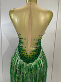 Women Sparkly Green Rhinestone Tassels Sexy Latin Dancer Mesh Bodysuit Eveing Party Birthday Nightclub Performance Stage Costume