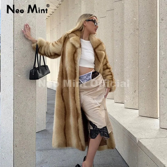 Runway Fashion Yellow Striped Maxi Long Faux Fur Coat Jacket Women Winter Brand Fluffy Fox Fur Overcoat Girls Outerwear