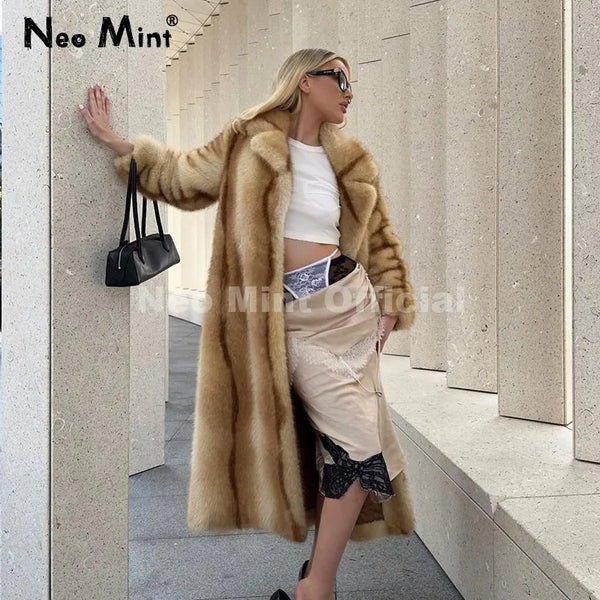 Runway Fashion Yellow Striped Maxi Long Faux Fur Coat Jacket Women Winter Brand Fluffy Fox Fur Overcoat Girls Outerwear