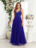 Sleeveless Evening Dresses V-Neck Sequined Embroidery Long Party Gown Clothing Elegant Mesh A-Line Formal Wedding Dress