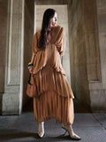 Sexy V Neck Tiered Folds Design Long Dress Women Sleeveless Multi-Layered Draped Temperament Dresses Evening Party Gowns