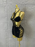 Women Sexy Sparkly White Braided Halter Mini Dress Gold Bead Trim Cutout Sides Ideal Beach Parties Vacations Special Occasions