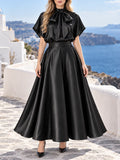 Satin Two Piece Sets for Women Bow Tie Mock Neck Blouse High Waist Flared A‑Line Maxi Skirt for Formal Banquet Party Wear