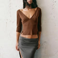Deep V Neck Sleeve Ruched Cropped Top Wrap Front Slim Stretch s2026 Spring Summer Chic b Lady Women Sexy Minimalist Blaze