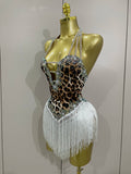 Women Sexy Sparkly Rhinestones Leopard Print Tassel Bodysuit 2026 New Evening Party Birthday Nightclub Performance Stage Costume