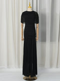 Luxury Galas Event Black Sheer Mesh Ruched Maxi Dress for Women O Neck Short Sleeves Bodycon Silhouette Skirt for Red Carpet