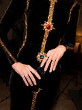 Black Velvet Holiday Celebrations Maxi Gown for Women O Neck Gold Trim Slim Jewel Accent High Slit Dresses for Luxury Dinner