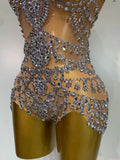 Women Sexy See Through Crystal Bodysuits Luxury Birthday Dancer Stage Performance Wear Mesh Sparkly Rhinestone Nightclub Outfit