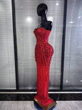 Sparkly Red Golden Big Crystal Women Strapless Mesh See Through Bodycon Long Maxi Dress Elegant Evening Party Cocktail Outfit