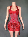 Sparkly Rhinestones Evening Prom Celebrate Birthday Dress Sexy Halter Backless Mesh Velvet Short Dress Performance Stage Wear