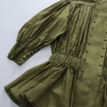Olive Green Elegant Pleated Dress Women Fashion Solid Stand Neck Lantern Sleeve Double Breasted Loose Mini Dress Women