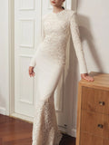 Solid Color Elegant Party Vestido Women'S Spliced Mesh Sequin Slim Long Sleeved Maxi Long Dress