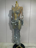 Luxury Silver Sparkly Diamonds Sequins Birthday Evening Party Nightclub Stage Wear Sexy Mesh See Through Long Sleeves Long Dress