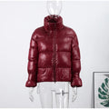 Stand Neck Glossy Surface Padded Cotton Short Coat Women Full Sleeve Thicken Pockets Jackets Coat Female Winter Chic Streetwear