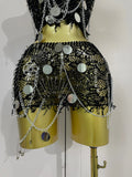 Sexy Evening Party Nightclub Performance Costume Women Birthday Mesh See-Through Pin Decoration Chain Short Dress Two-Piece Set