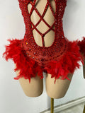 Luxury Women Sexy Shiny Crystal Feathers Hollow Out Bodysuit Nightclub Performance Dance Costume Nightclub Singer Stage Wear