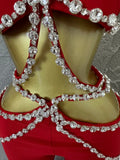 Luxurious Red Two Piece Set Women Sexy Halter Neck Crystal Cutout Crop Top Flare Pants Outfit Stage Performance Costume