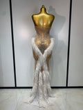 Women Sexy Strapless Sparkly Diamonds Tassel Mesh See Through Dress Celebrate Birthday Evening Party Nightclub Stage Costume