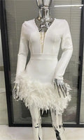 Women's 2-Color Glam V-Neck Gorgeous Feather Skirt Bandage Mini Dress Fashion Party Evening Performance Dress Women Glam Dresses