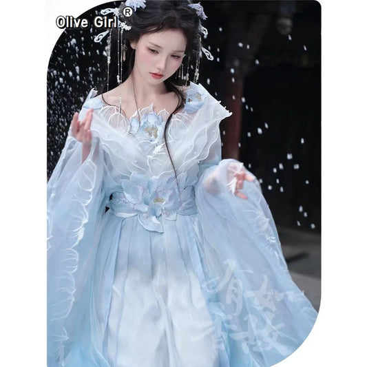 Olive Girl Blue Embroidered Hanfu Dress for Ren Faire 2026 Garden Wedding Fairycore Photoshoot Everyday Wear S-L XS-3XL Plus Size Chinese Heritage Fashion Women