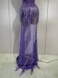 Sexy Purple Strapless Mesh See Through Long Dress Sparkly Diamond Tassel Birthday Evening Party Nightclub Bar DJ Show Stage Wear