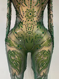 Sparkly Rhinestone Sexy Mesh Bodycon Jumpsuit Nightclub Bar Evening Party Gogo Dancer Clothing Drag Queen Outfit Stage Costume
