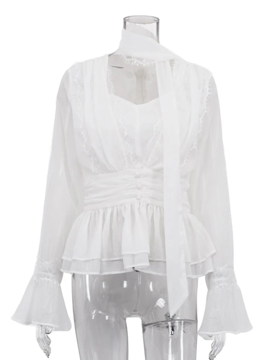 Elegant Lace Women Shirts V Neck Long Sleeve Sheer Chic Loose Shirt for Dating Casual Daily Wear Fashion Autumn New