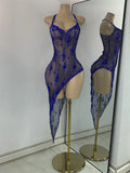 Sparkly Gold Design Evening Party Dress Luxury Rhinestones See Through Sexy Women's Clothing Mesh Stretch Birthday Dresses