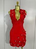 Women Crystal 3D Flowers Sexy Sleeveless V-neck Bandage Dresses Elegant Celebrate Evening Party Gown Birthday Club Party Dresses