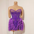 Sparkly Purple Diamonds Mesh Ruffled See Through Mini Dress Women Sexy Strapless Birthday Evening Party Nightclub Stage Costume